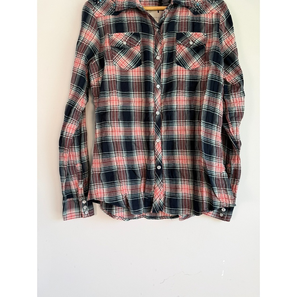 Harley Davidson Womens Plaid Embroidered Studs Shirt Medium Biker Moto - Picture 5 of 11